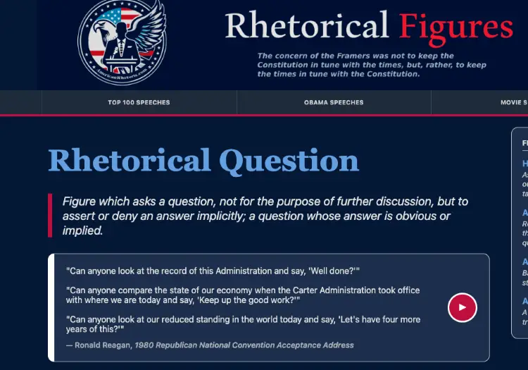 A reference page explaining that a rhetorical question is a figure of speech where the answer is implied rather than spoken.