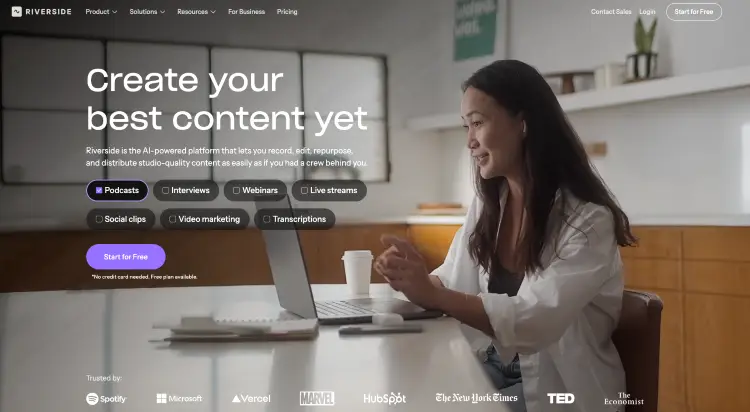 Riverside homepage presenting a platform designed for podcasters, interview creators, webinar hosts, and video content teams.