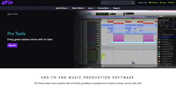 Pro Tools website displaying professional music production and robust audio editing software.