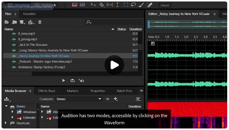 Audio editing interface showing a waveform and spectral display for identifying and editing sound frequencies.