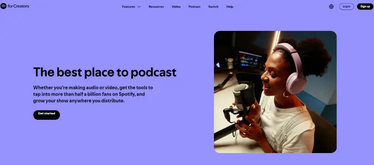 Homepage of Spotify for podcasters showing podcast creation and publishing tools for audio and video creators.