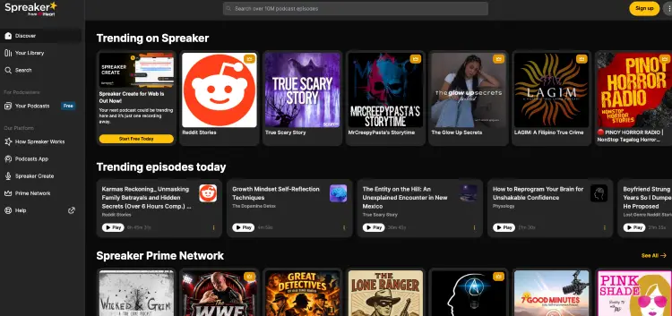 Screenshot of the Spreaker platform featuring trending podcasts and discovery tools that encourage listener engagement.