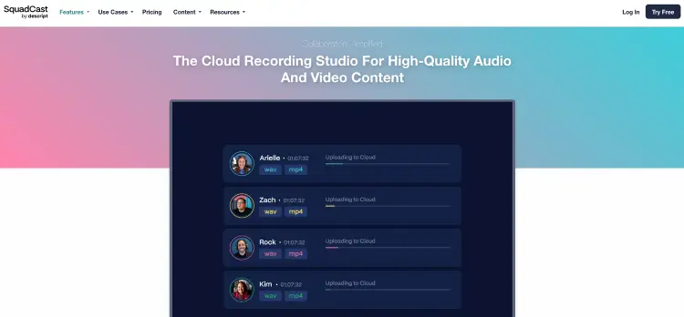 SquadCast cloud recording interface designed for reliable audio quality during remote interviews.