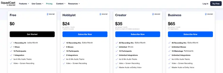 SquadCast pricing plans for creators looking to improve their podcast editing process