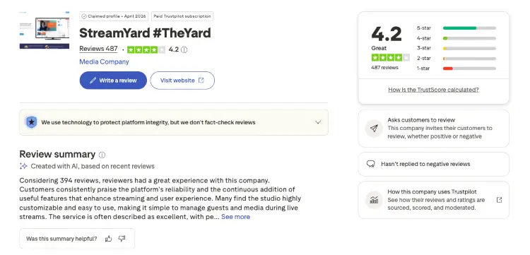 Trustpilot review page highlighting StreamYard’s customization and branding for live streaming.