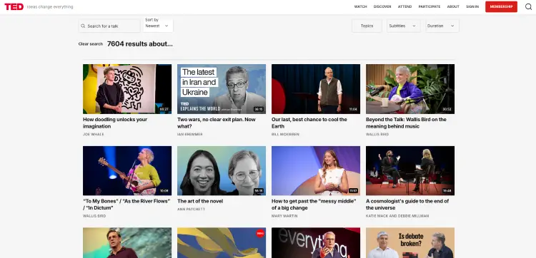 TED search results illustrating how ted talks have become one of the largest collections of educational and inspirational presentations.