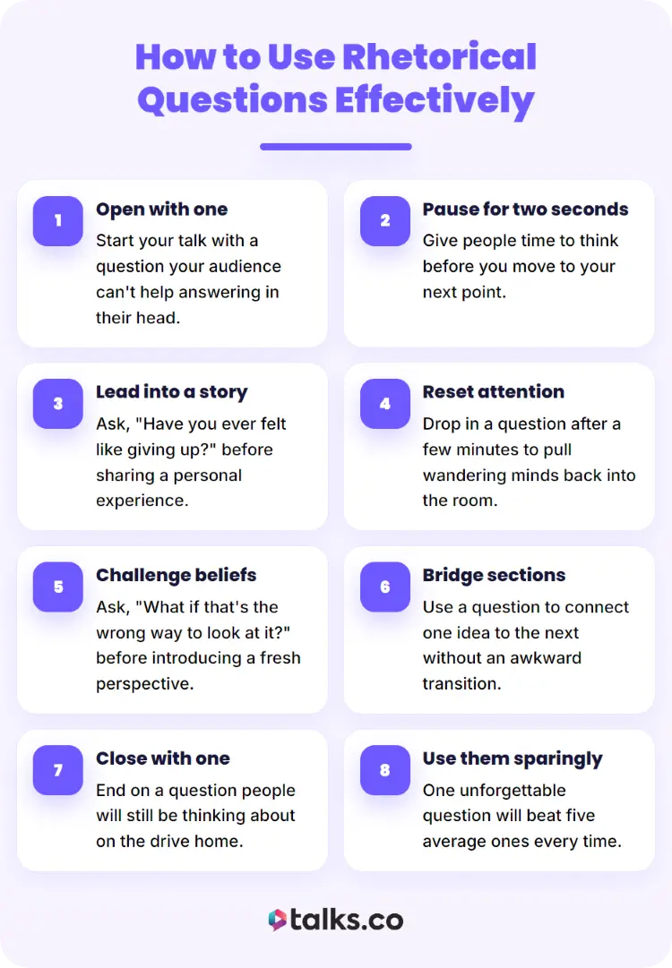 Guide showing practical ways to use rhetorical questions to persuade an audience during presentations and speeches.