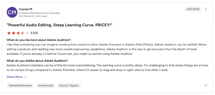 One of the user reviews discussing powerful audio editing tools, pricing, and a steep learning curve.