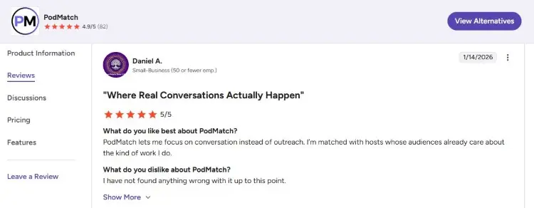 Verified PodMatch review describing a positive experience using the platform to connect with relevant podcast hosts.