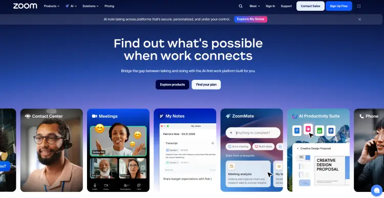 Zoom homepage showing its AI-powered video conferencing tool and collaboration features.