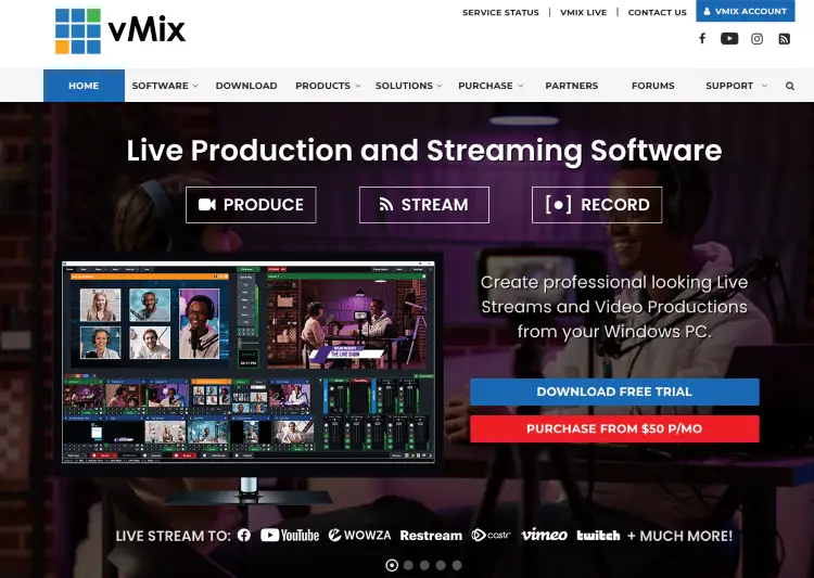 vMix homepage highlighting that vMix is available for Windows-based live production.