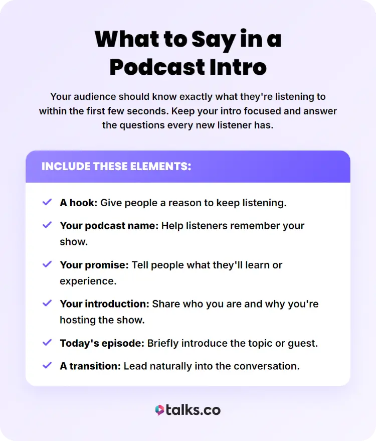 Checklist showing what to include in your podcast intro, including a hook, show name, promise, and episode introduction.