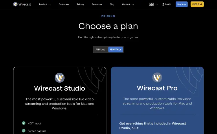 Wirecast pricing page showing it comes in two versions: Studio and Pro.