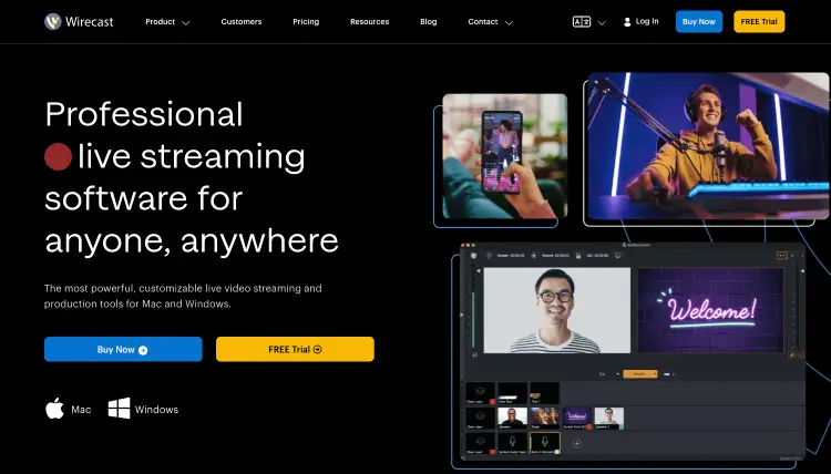 Wirecast homepage promoting professional video live streaming software for creators and businesses.