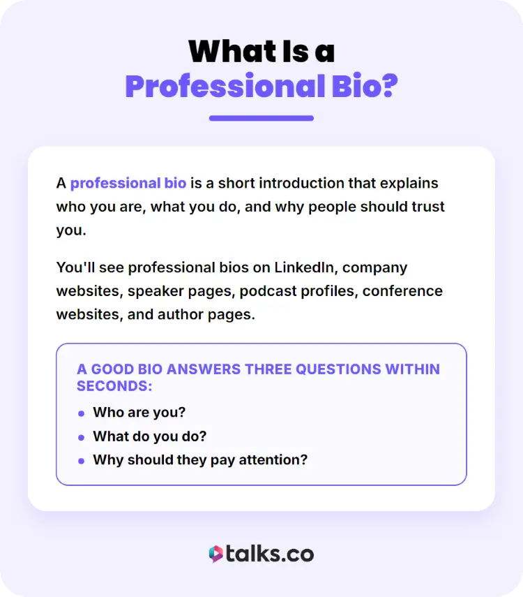 Infographic explaining how to write a professional short bio that introduces your experience and credibility.