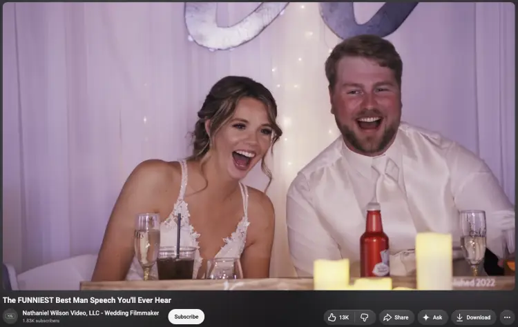 Bride and groom laughing during a wedding speech that adds a bit of fun for the audience.