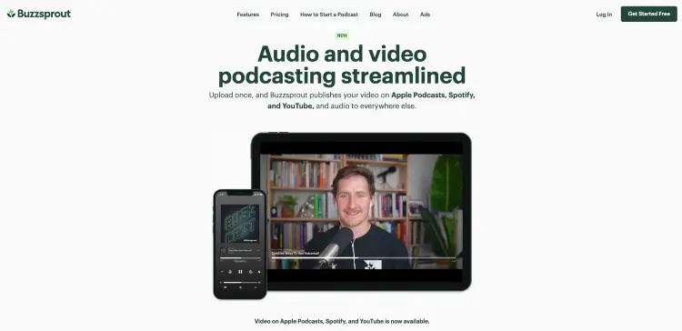 Buzzsprout homepage highlighting podcasting tools for publishing audio and video podcasts.