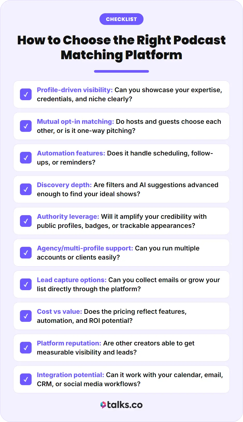 Podcasting platform checklist covering profiles, mutual matching, automation, discovery, pricing, reputation, and integrations