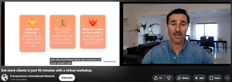 Speaker explaining the principles of crafting compelling presentations during an online workshop.
