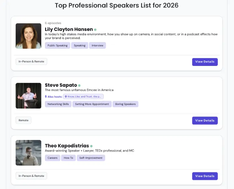 Professional speaker directory featuring experts who emphasize authenticity, self-improvement, interviews, and public speaking