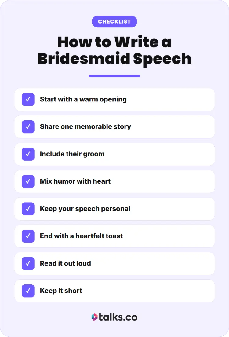 Checklist explaining the key steps for giving a maid of honor speech, including opening, storytelling, and ending with a toast.
