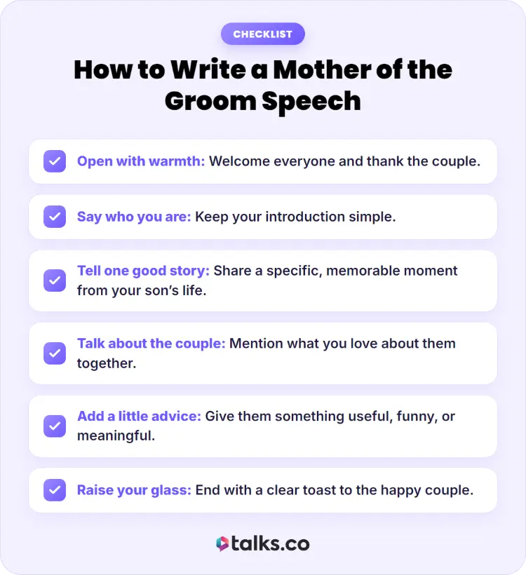 Checklist for giving a mother of the groom speech with a warm opening, personal story, advice, and final toast