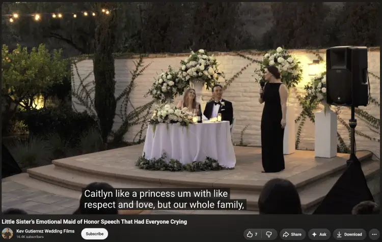 Bridesmaid giving a heartfelt toast while the happy couple sits together at the head table.