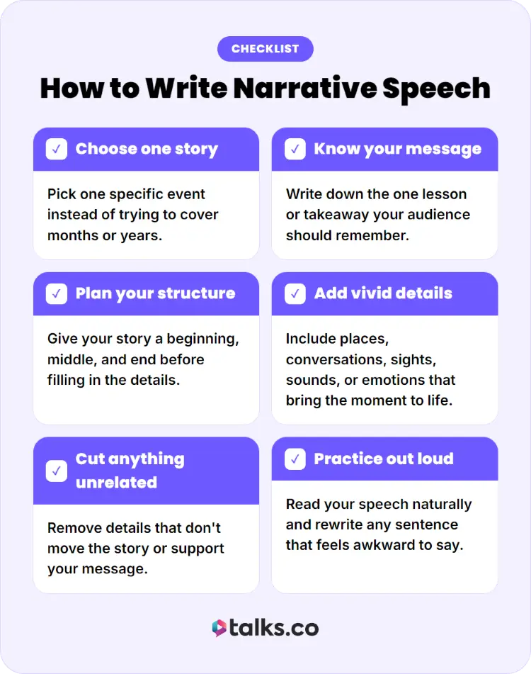 Checklist explaining how to rehearse a narrative speech by planning, practicing aloud, and refining each section.