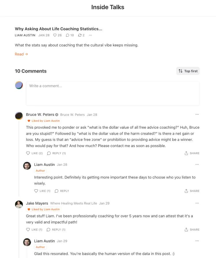 Online article discussion showing comments, replies, likes and reactions from readers engaging with the author.