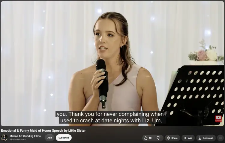 Little sister delivering an emotional bridesmaid speech while holding a microphone at a wedding reception.