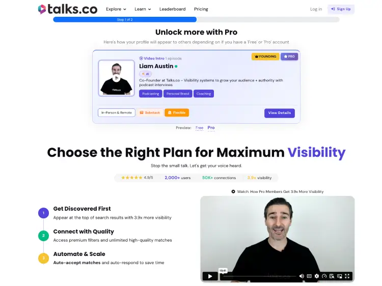 Talks.co profile showing networking opportunities for experts through podcast guest appearances and professional connections