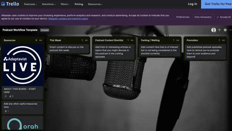 Trello workflow board designed to organize your podcast with content ideas, weekly tasks, waiting items, and promotion stages.
