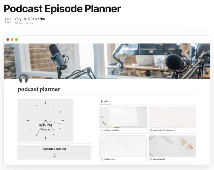 Podcast planner template with sections for episode ideas, topic brainstorming, goals, and episodes created.