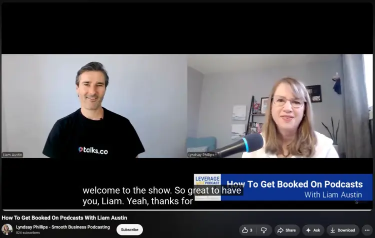 A podcast features interviews example showing Liam Austin discussing how entrepreneurs can get booked on podcasts.