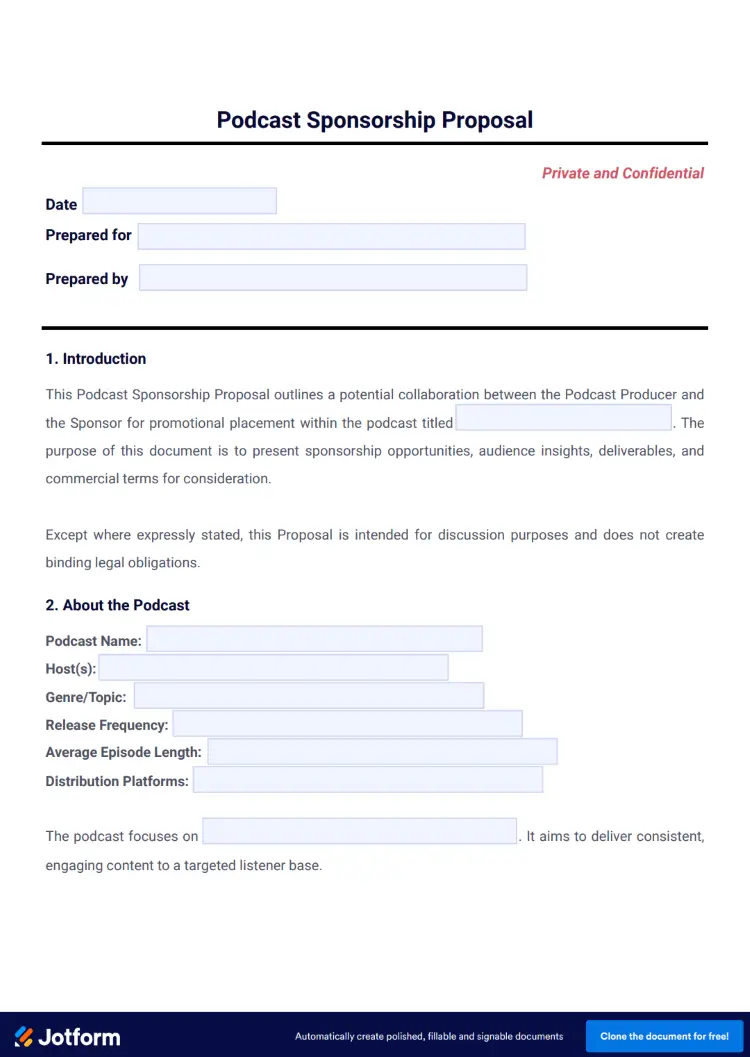 Podcast proposal document that can support guest outreach with fields for podcast information, collaboration details, and audience information.