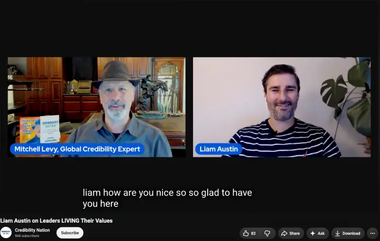 A podcast hosted by credibility expert Mitchell Levy featuring entrepreneur Liam Austin as the guest.