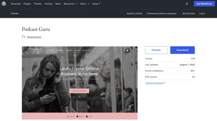 Podcast Guru theme preview showing a complete podcast website with episode navigation, social links, and a podcast-focused homepage.