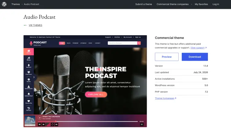 WordPress Audio Podcast page showing a podcast WordPress theme with a large microphone hero image and built-in audio player.