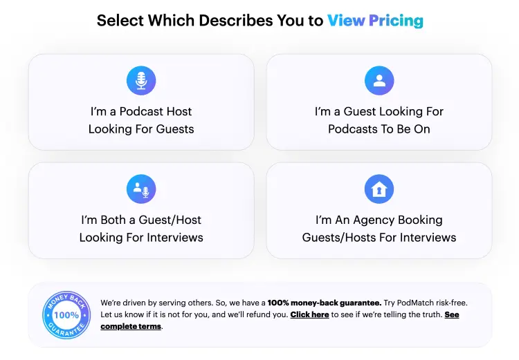 Pricing selection page where a podcast host can choose a plan for finding guests alongside guest and agency options