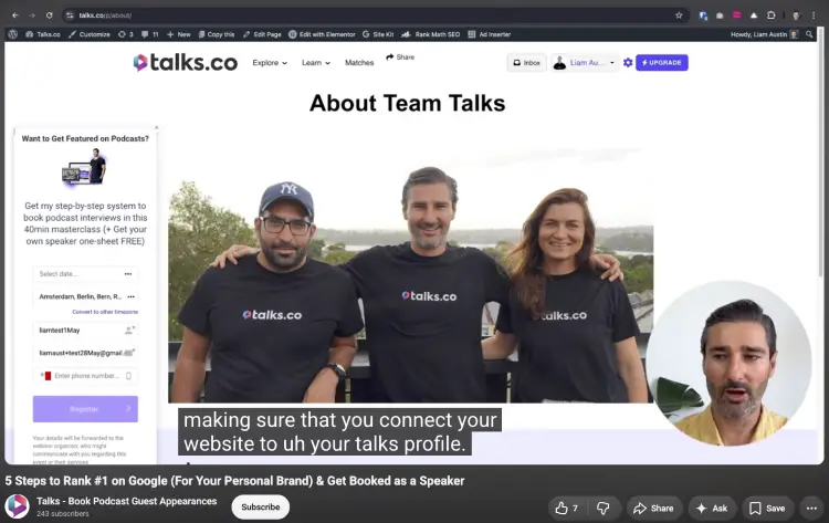 A presenter explaining personal branding while showing the Talks.co team page during a video presentation.