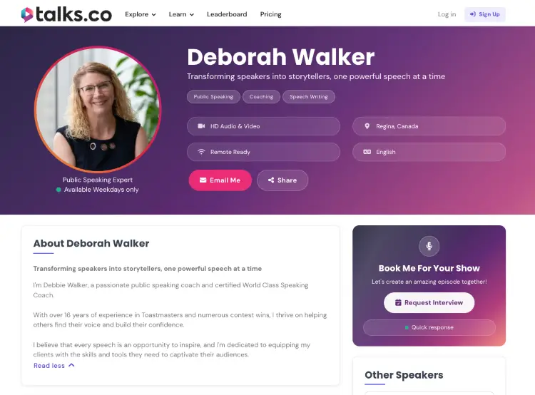 Public speaking coach profile offering personalized coaching to help speakers find their voice, build confidence, and improve storytelling