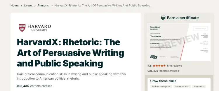 Harvard rhetoric course providing public speaking training in persuasive communication, writing, and oratory