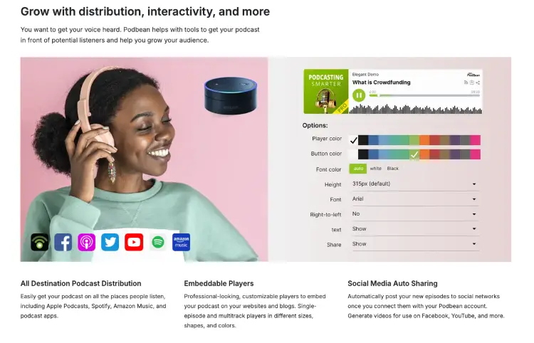 Podbean dashboard showing tools to share your podcast across streaming platforms and social media.