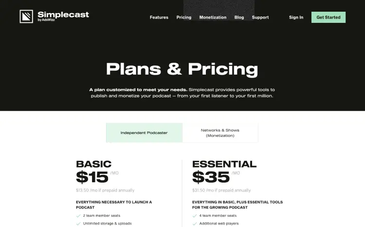 Simplecast pricing page for podcasters looking for scalable podcast hosting plans.