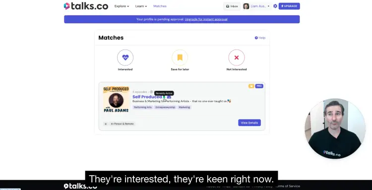 Talks.co matching interface simplifying the process of finding relevant podcast hosts and guests