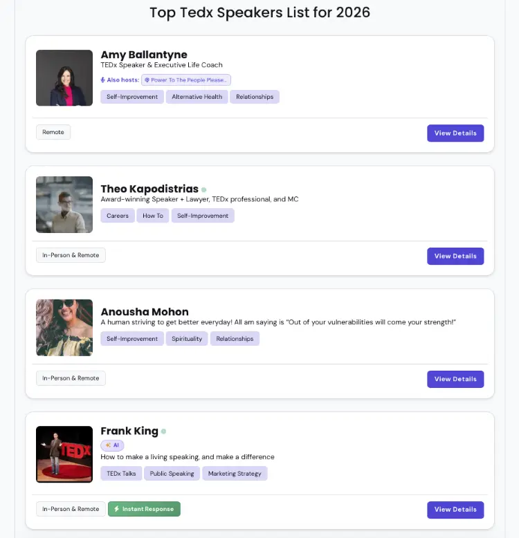 Directory of TEDx speakers with expertise and experience that can help speakers captivate audiences on stage