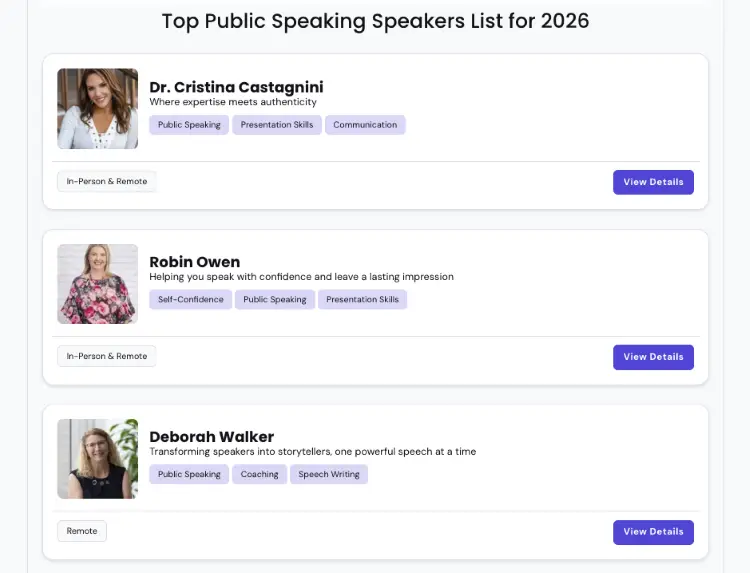 Directory of public speaking experts offering speech coaching in areas such as confidence, presentation skills, and storytelling