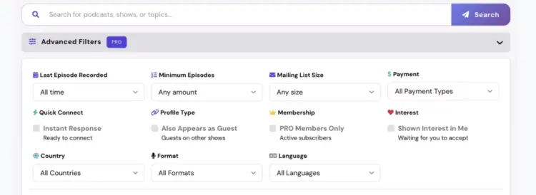 Advanced search filters for finding podcasts by activity, episodes, audience size, payment, country, format, and language
