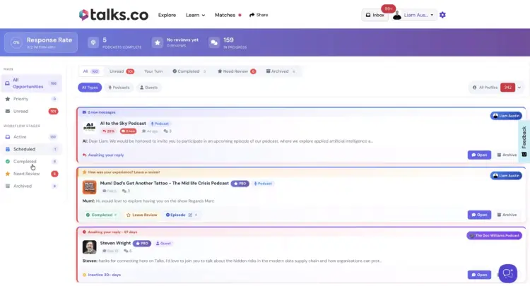 Talks.co inbox designed to facilitate podcast conversations by organizing active, scheduled, completed, and archived opportunities