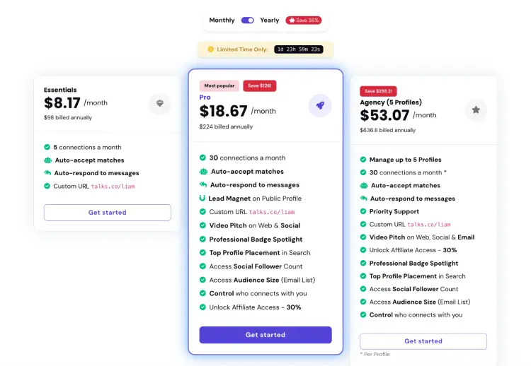 Talks.co pricing comparison showing Essentials, Pro, and Agency plans with their included podcast matching features